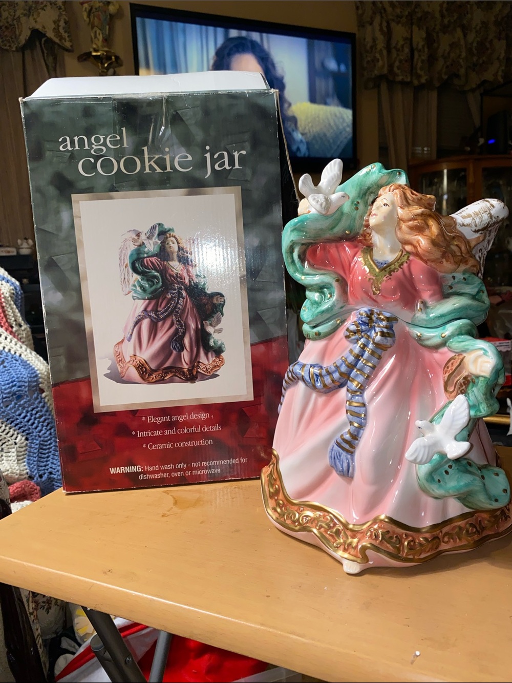 Angel Cookie Jar - Pink & Green Ceramic Figurine
